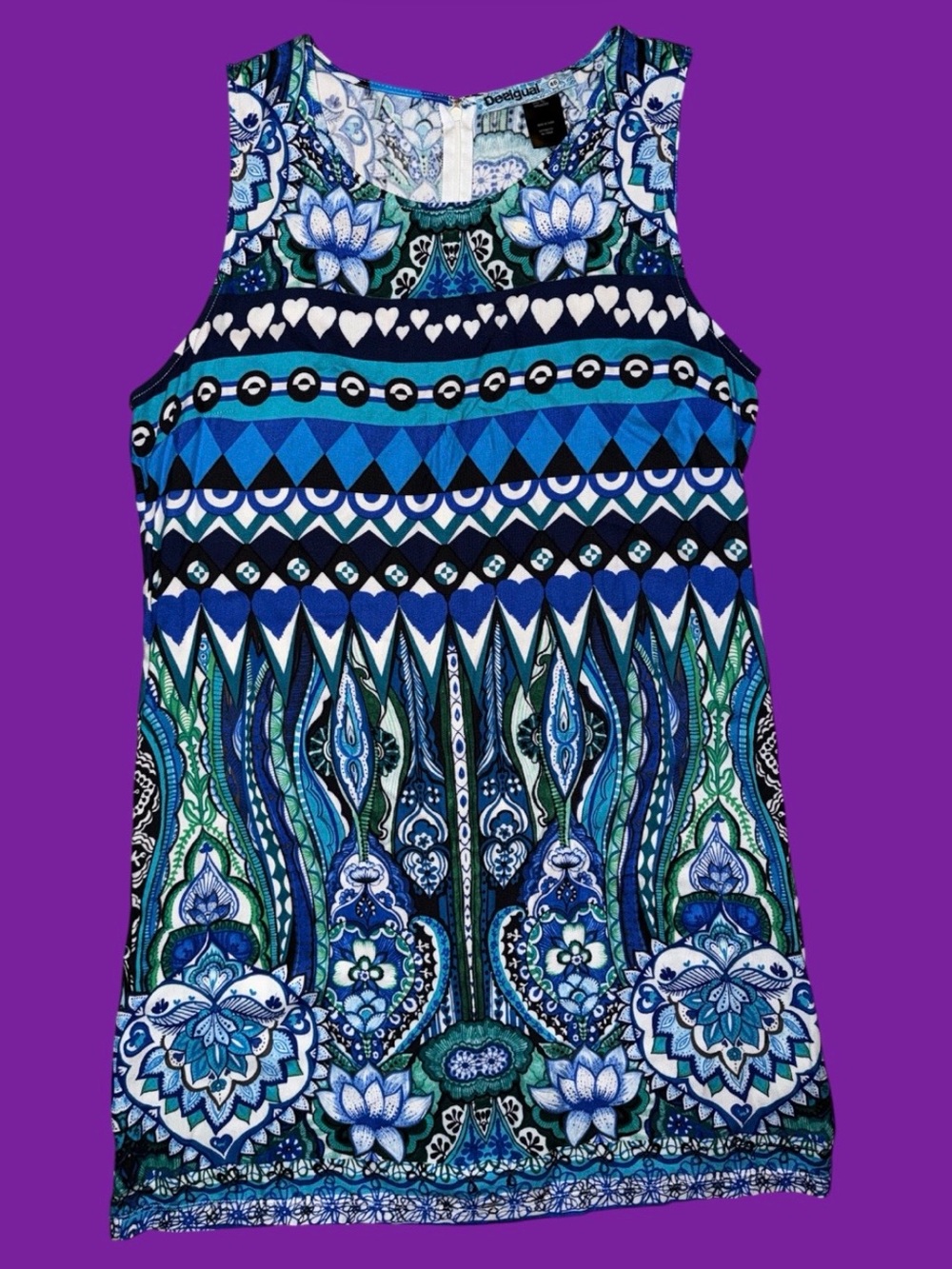 Desigual 100% Viscose Blue & Green Patterned Sleeveless Mini Dress Size EU 46